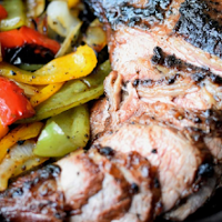 grilled tri-tip with onions and peppers